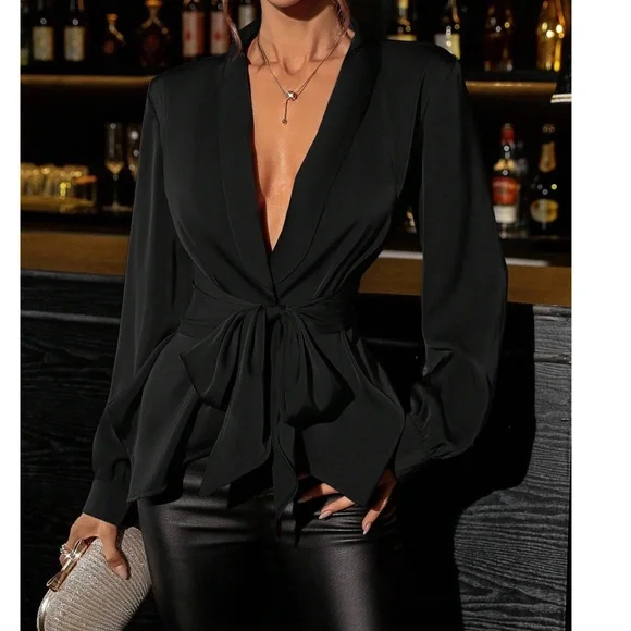 COPY - Luxe Satin Plunging Neck belted Long Sleeve Blouse - Picture 7 of 7
